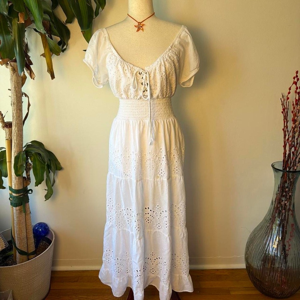 Boston Proper White Eyelet Lace Maxi Peasant Dress Cottagecore Coquette Medium
